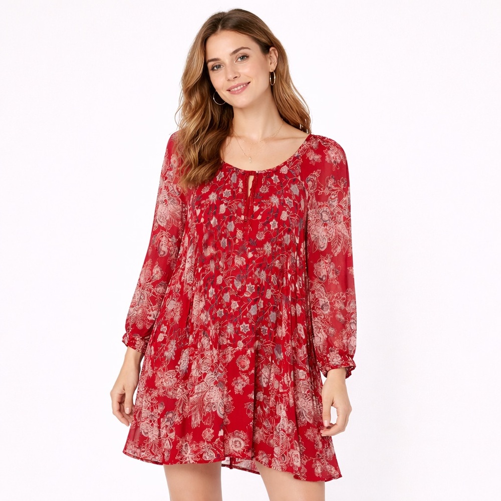 Free People Red Floral Boho Swing Dress | Size Petite Small | Lined